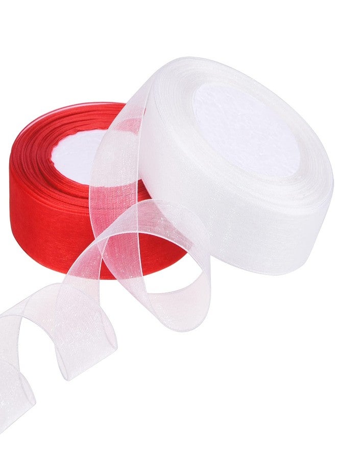 Hapeper 2 Rolls 1 Inch Sheer Organza Chiffon Ribbons for Gift Wrapping DIY Crafts Party Decoration, 50 Yards/Roll (Red, White) - Image 2
